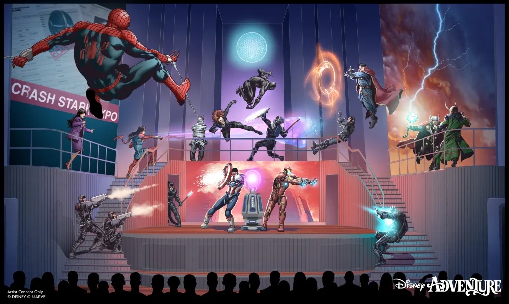 ディズニー・アドベンチャーのステージショー「アベンジャーズ・アッセンブル！」で繰り広げられるマーベルヒーローたちのバトルアクション